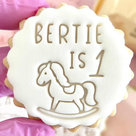 CUSTOMISED STAMP - NAME IS AGE ROCKING HORSE