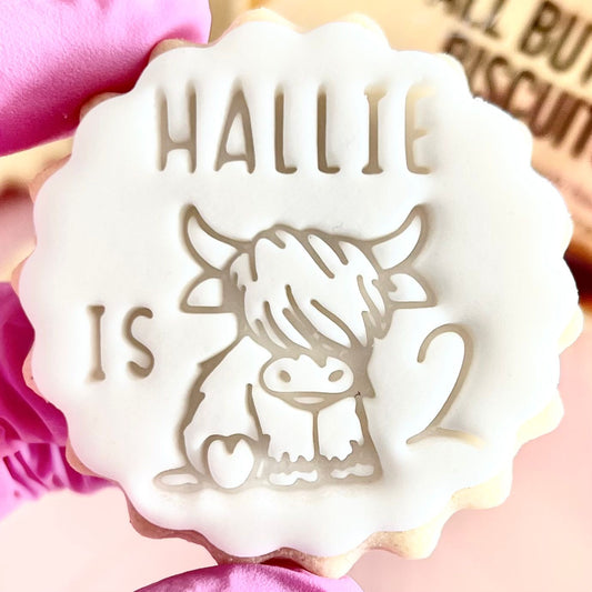 CUSTOMISED STAMP - NAME IS AGE HIGHLAND COW