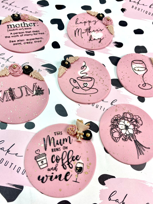 THIS MUM RUNS ON COFFEE AND WINE - RAISED EMBOSSER